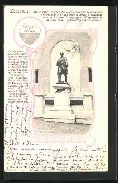 Cartoline postali: AK Lausanne, Denkmal von Major Davel – Usato da Berlin venduto da bartko-reher