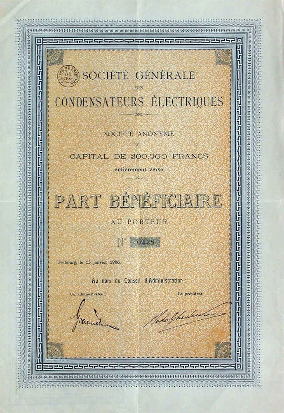 Documenti: Société Génerale de Condensateurs Electriques - 1906 – Usato da Solothurn venduto da Sgasche