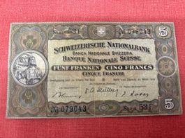 Alte Schweizer 5 Franken Banknote von 1952, Serie 53F TOP