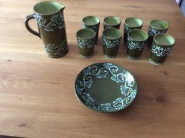 Keramik Krug und 8 Becher Set, Vintage, grün weiss