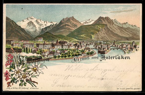 Cartoline postali: Litho Interlaken, Panorama mit Brücke u – Usato da Berlin venduto da bartko-reher
