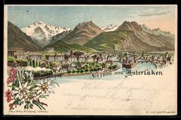 Litho Interlaken, Panorama mit Brücke u