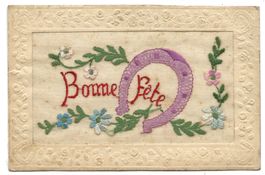 Seidenkarte - gestickt - Bonne Fête - Girlande - 1916