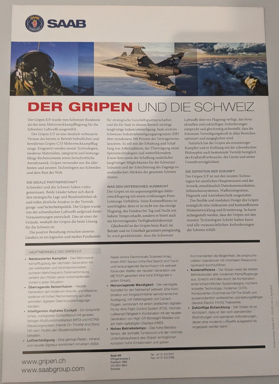 Saab Documenti: Saab Gripen Werbeflyer/Prospekt A4 – Nuovo (secondo la descrizione) da Würenlos venduto da Sandler 1