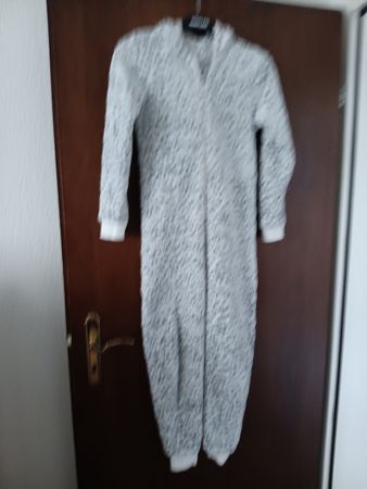 Weicher, warmer Jumpsuit Overall, Grau/Weiss, Grösse 146
