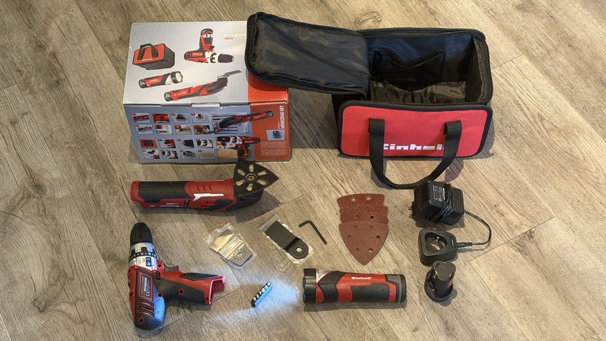 Einhell Alle Werkzeuge: Einhell Tool-Set Akkuschrauber Multfunktion-Schleif + Lampe – Gebraucht aus Pfeffingen von AuktionatorX 1