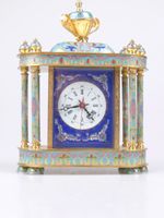 Cloisonné Säulenuhr - Tischuhr Messing Emaille Vintage
