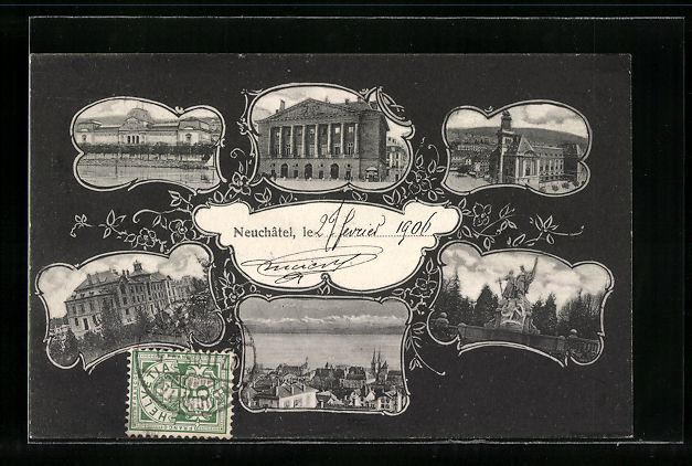Cartoline postali: Neuchatel, Denkmal, Panorama, Gebäudean – Usato da Berlin venduto da bartko-reher