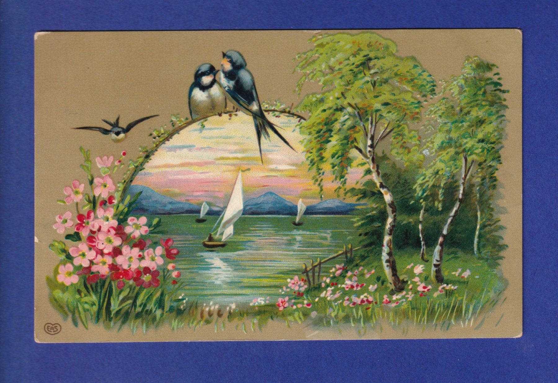 Cartoline postali: OISEAU - Hirondelles et paysage fleuri – Usato da Pully venduto da nicecards-shop