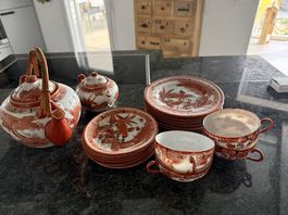 asiatisches Teeservice  Porzellan mit Bambusgriff