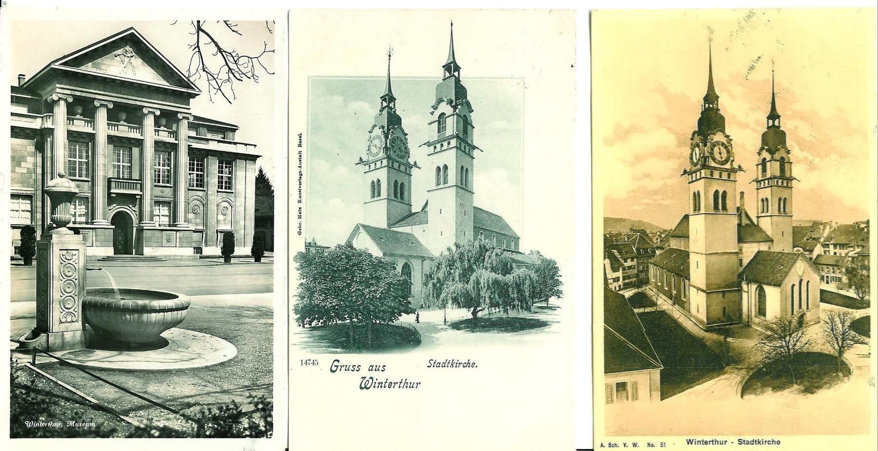 Ansichtskarten: Winterthur ZH  3 AK 2x Stadtkirche + Museum 1908 - 1937 – Neu (gemäss Beschreibung) aus Ennetmoos von Ambuman