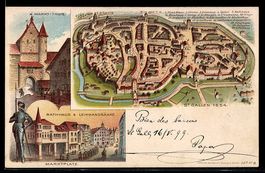 Lithographie St. Gallen, Marktplatz mit Rathaus und Leinwand