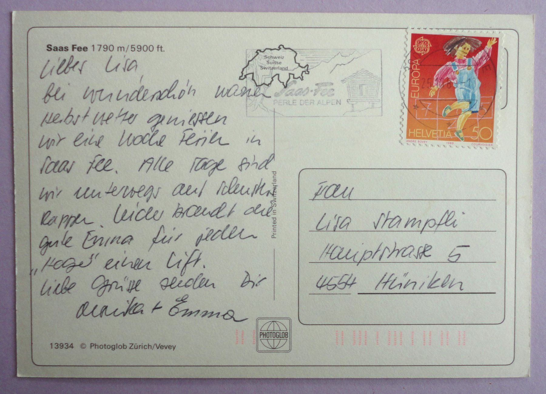 Cartoline postali: Saas Fee 1790 m – Usato da Fétigny venduto da Billy2miny 1