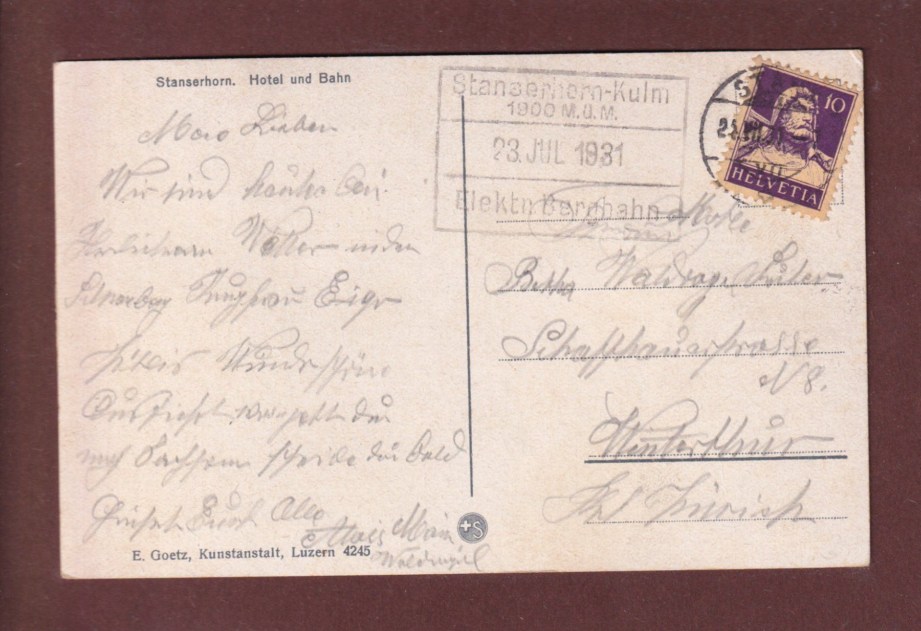 Cartoline postali: STANSERHORN - Hotel und Bahn - 1931 – Usato da Pully venduto da nicecards 1