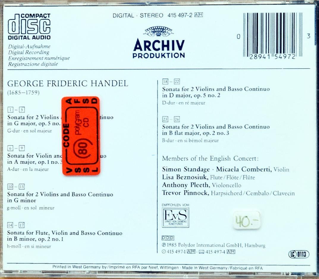 CDs: Händel - Trio Sonatas - Trevor Pinnock CD – Gebraucht aus Niederhelfenschwil von Rol9527 1