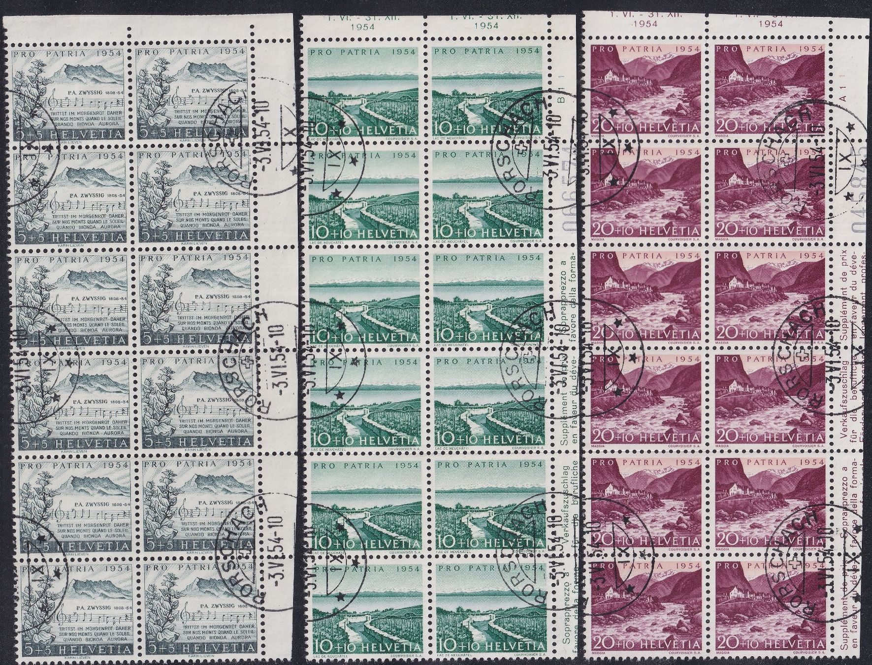 Tutti i francobolli: 1954, B66-B70: Rorschach, gestempelte 12er-Blocks Kat: 480.- – Usato da Sursee venduto da Luzernerraute 1