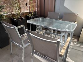 Gartentisch Aluminium/Glas mit 4 Stühlen 120x70cm
