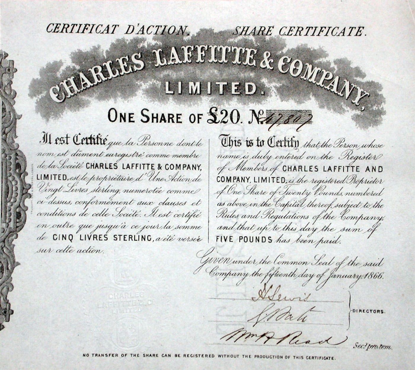 Dokumente: Charles Laffitte & Company Ltd - 1866 – Gebraucht aus Solothurn von Sgasche