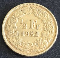 Schweizer Münze 1/2 Franken 1952 B Helvetia Zustand gut