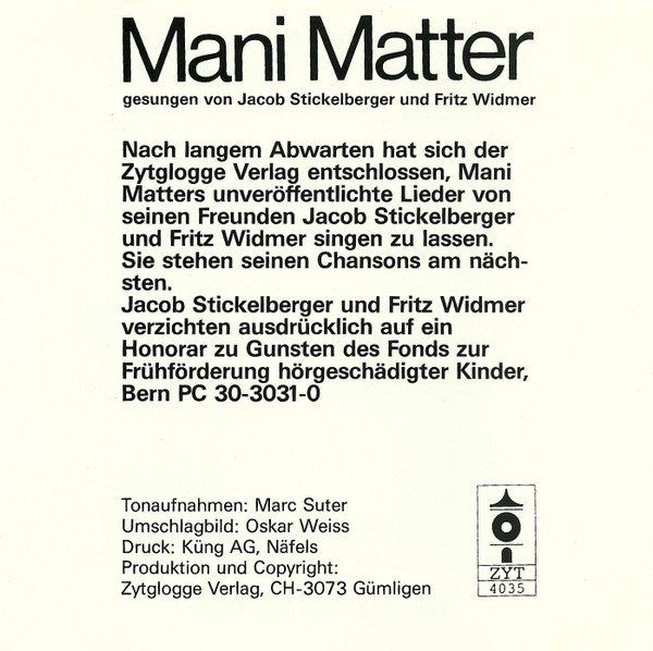 CD: Mani Matter – Dr Kolumbus - a – Usato da Brittnau venduto da Zibu 3