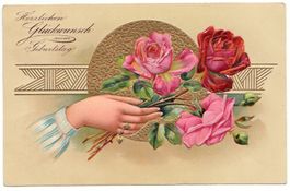 AK - Prägekarte - Geburtstag - 1908 - Hand mit Rosen