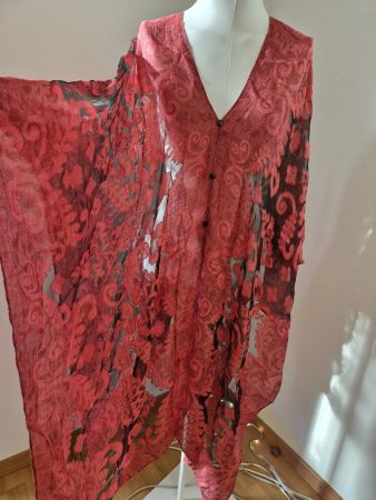Schicker Damen Sommer Poncho  Koralle rot/schwarz