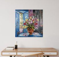 Gemälde Blumenstrauss im Vase auf Tisch signiert 80x80cm