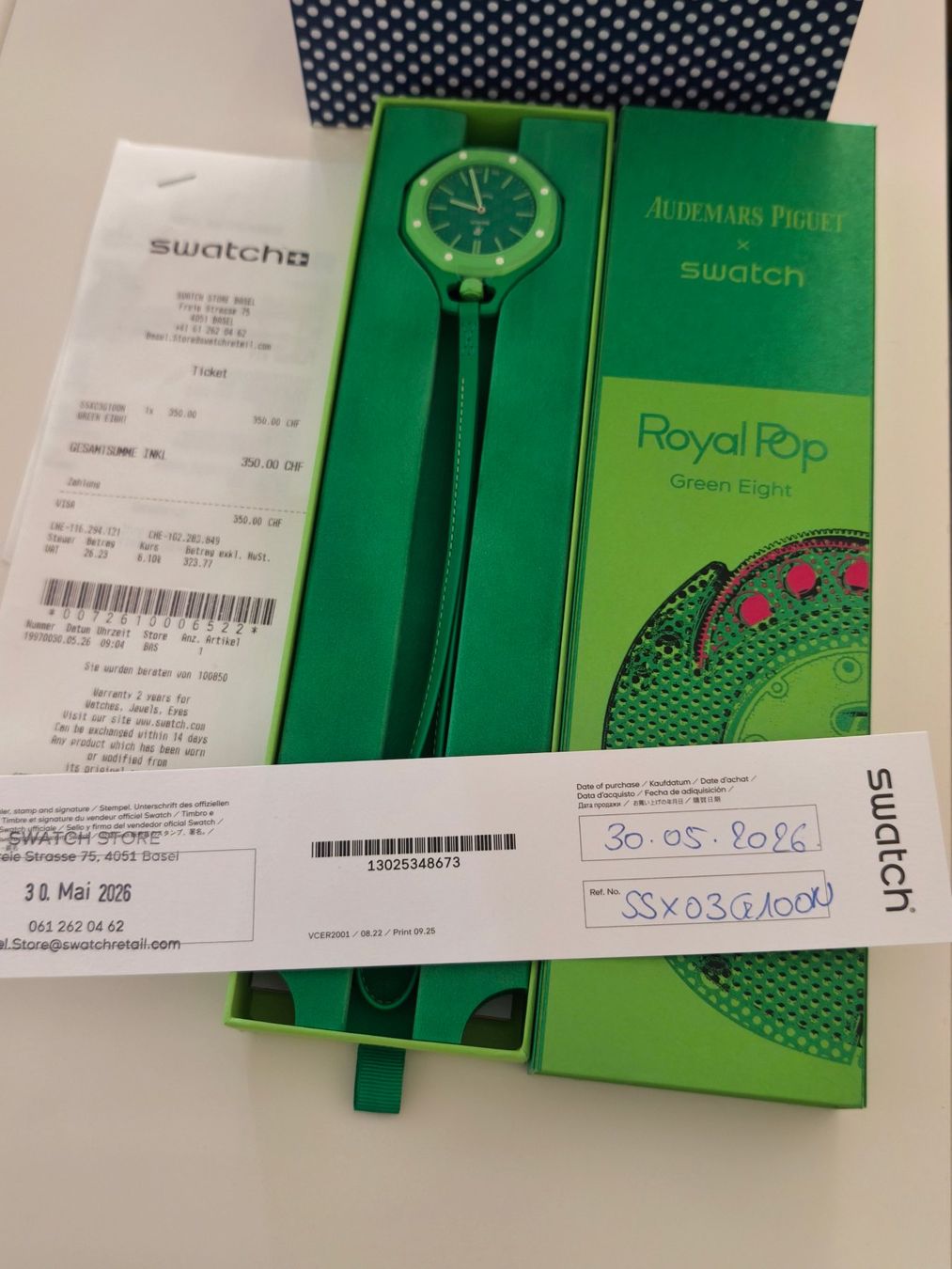 Swatch Orologi: Swatch x AP Royal Pop Green Eight – Nuovo e nell'imballaggio originale da Basel venduto da phunkee 1
