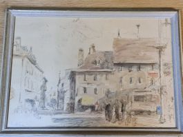 Aquarell Zeichnung Stadtansicht Teo Glinz 1943