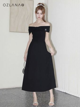 Totally New OZLANA Off Shoulder Bow Knit Black Dress