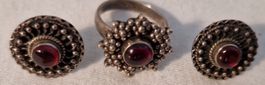 Vintage Schmuckset, Silber mit roten Steinen, Ring & Ohrring