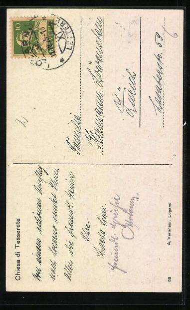 Cartoline postali: AK Tesserete, Chiesa, 1925 – Usato da Berlin venduto da bartko-reher 1
