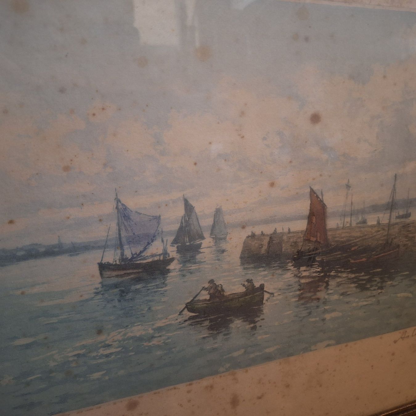 Foto & Immagini: Antikes Bild, See mit Steg, Segelschiff, Boot – Usato da Winterthur venduto da Goldpipau 4