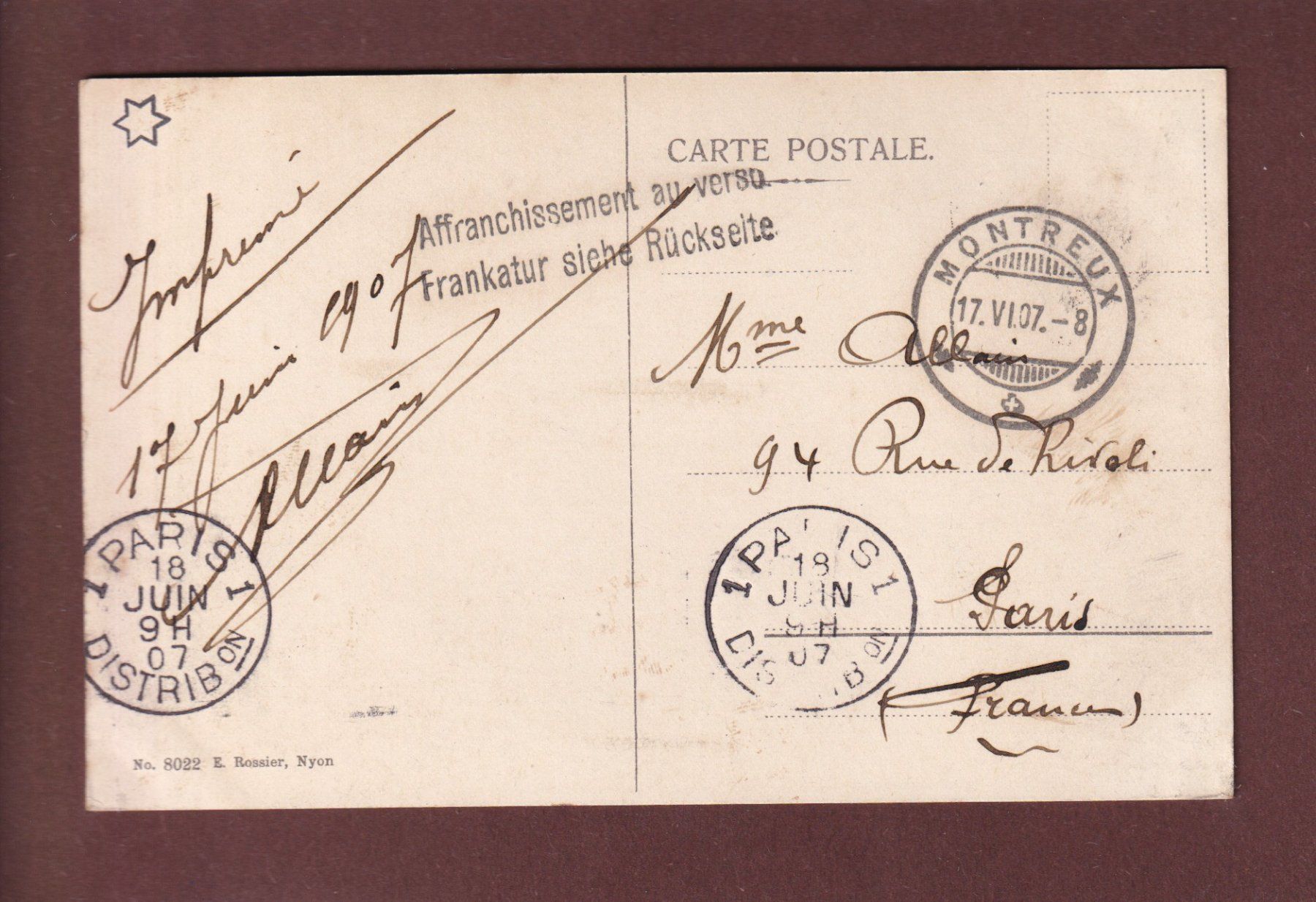 Cartoline postali: MONTREUX - Palace vu du lac - 1907 – Usato da Pully venduto da nicecards 1