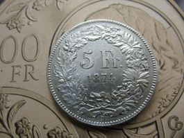 5 Franken 1874 B. AG 900 -(( 10-15 Grad )) verschoben !!!