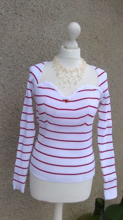 Sweat blanc ligné rouge MANGO, taille XL, NEUF