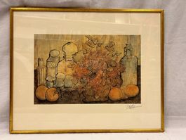 Obst und Blumen auf dem Tisch, original handsignierte Litho