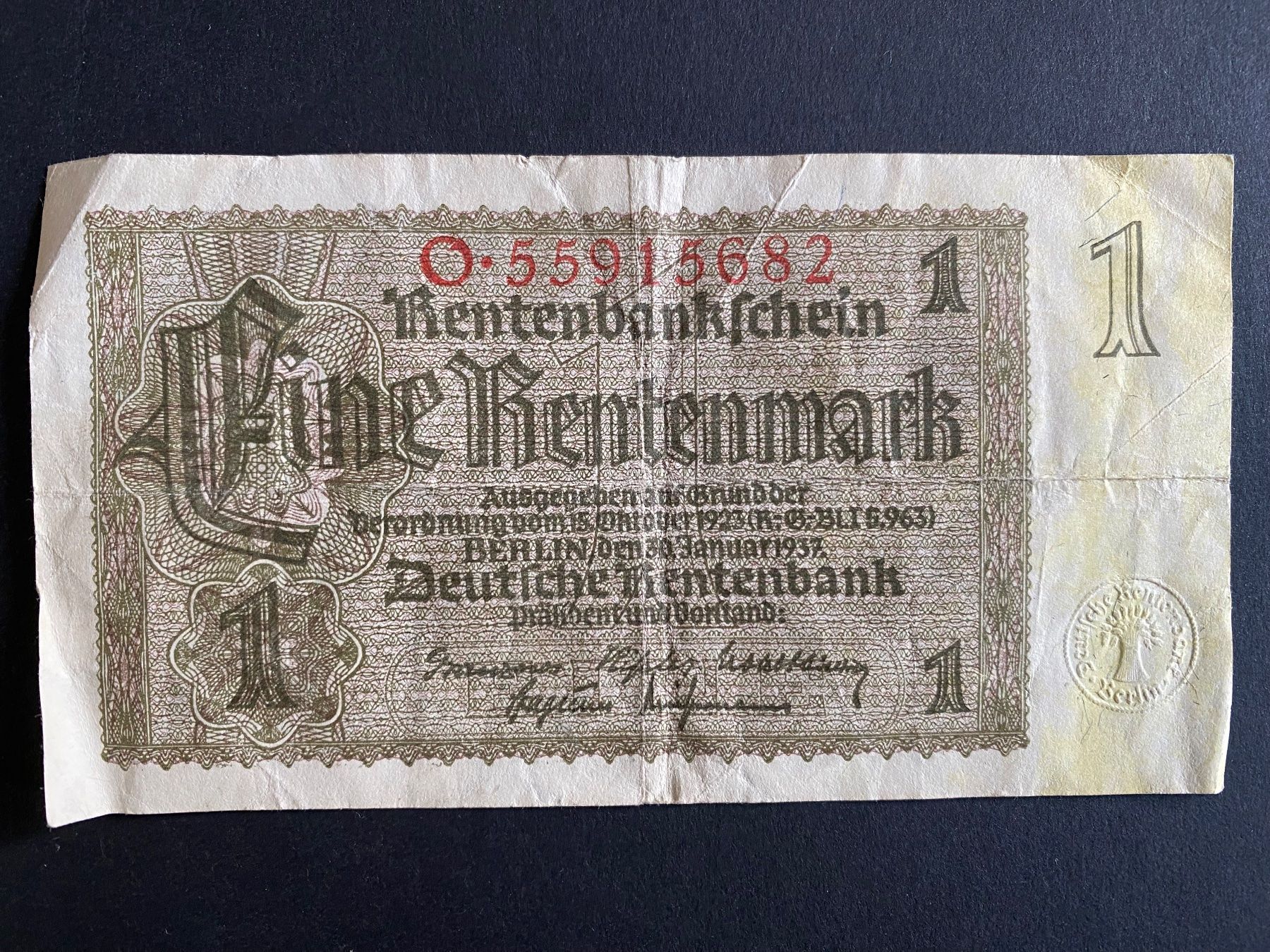 Banknoten: 1 Rentenmark Banknote, Jahr 1937 – Gebraucht aus Zürich von leo0105