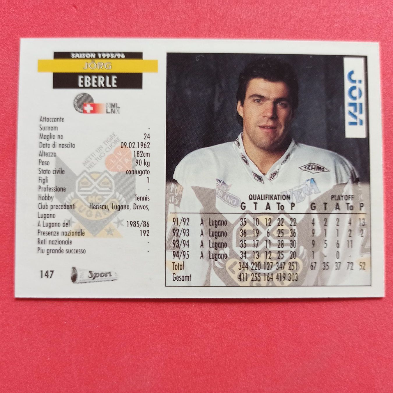 Carte collezionabili: Jörg Eberle - HC LUGANO CARD - 1995/96 – Usato da Dübendorf venduto da kb86_MOVIE 1