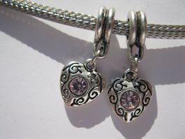 2 Anhänger, Dangle Herz gemustert mit Strass, rosa