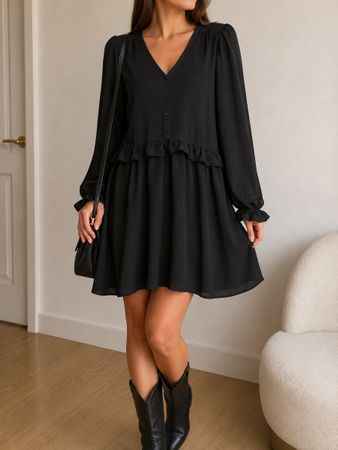 Koton Olé Black Dress Size 40 Long Sleeve Ruffle Detail