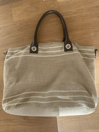Massimo Dutti Bag, Beige Striped Canvas, Leather Handles, Gr