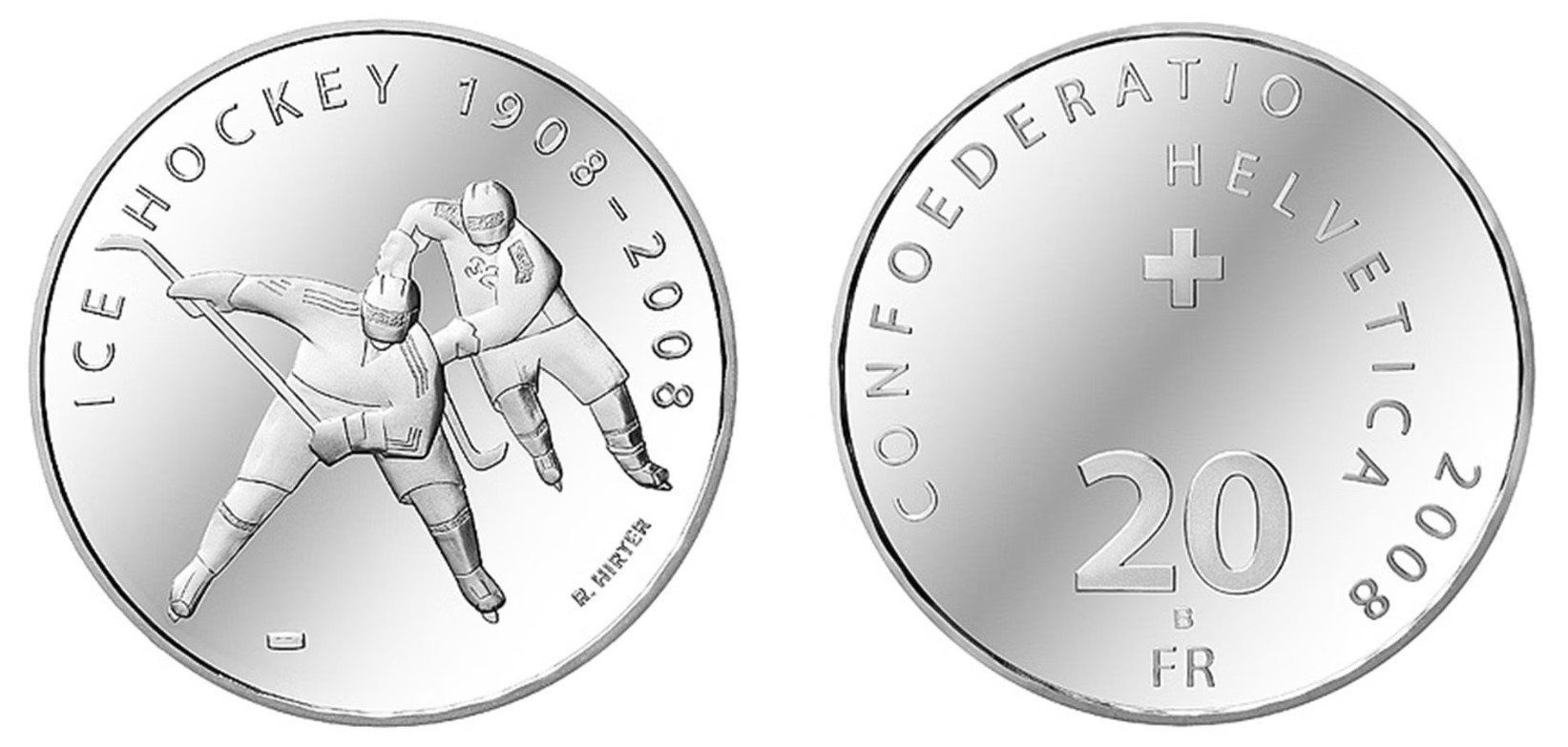 Tutti le monete: 2008. 20 FR. 100 Jahre Eishockey, 1908-2008. – Nuovo (secondo la descrizione) da Solothurn venduto da Numis_4500