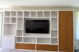 Large Stylish White & Wood Wall Unit - Storage Galore! (58)