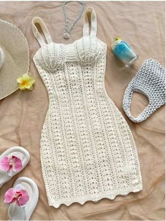 Neuwertiges hübsches Lochkleid hellbeige Gr. XS - 226112
