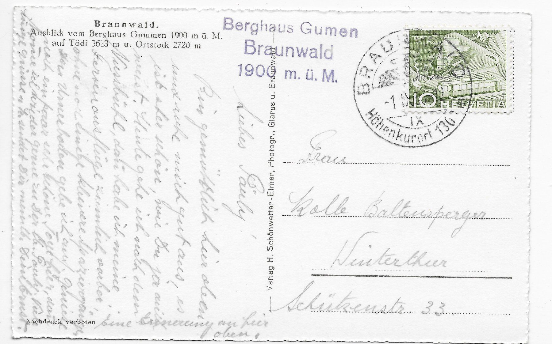 Ansichtskarten: Braunwald, Ausblick vom Berghaus Gummen – Gebraucht aus Hefenhofen von Richsalz 1