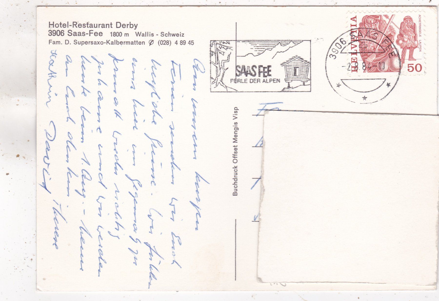 Cartoline postali: Saas-Fee Hotel Derby 1984 – Usato da Herisau venduto da Lisegrat2008 1