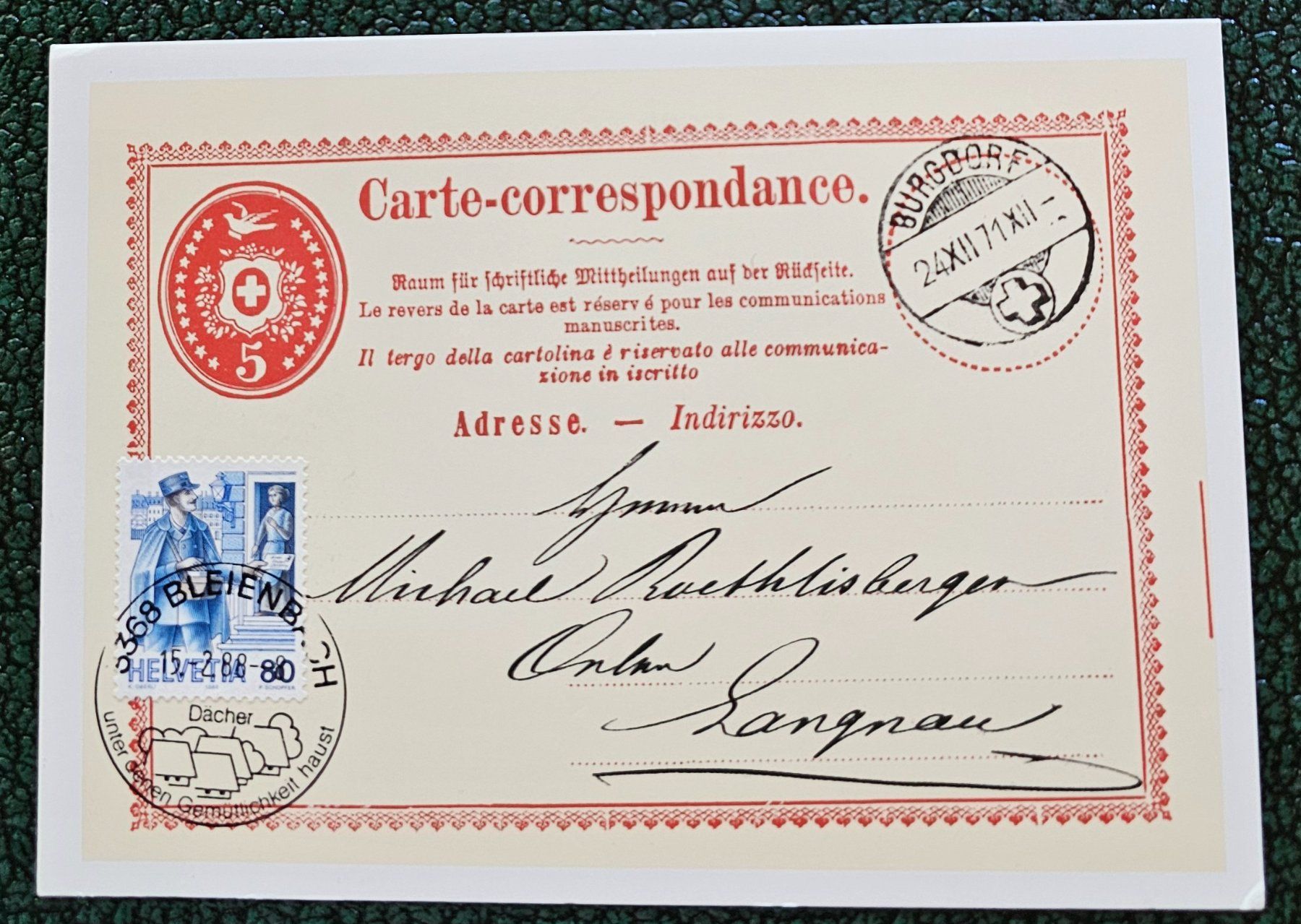 Tous les timbres: Ganzsache mit Sst BLEIENBACH 15.2.88 – Neuf (Voir description) à Les Valettes par Nuba1 1