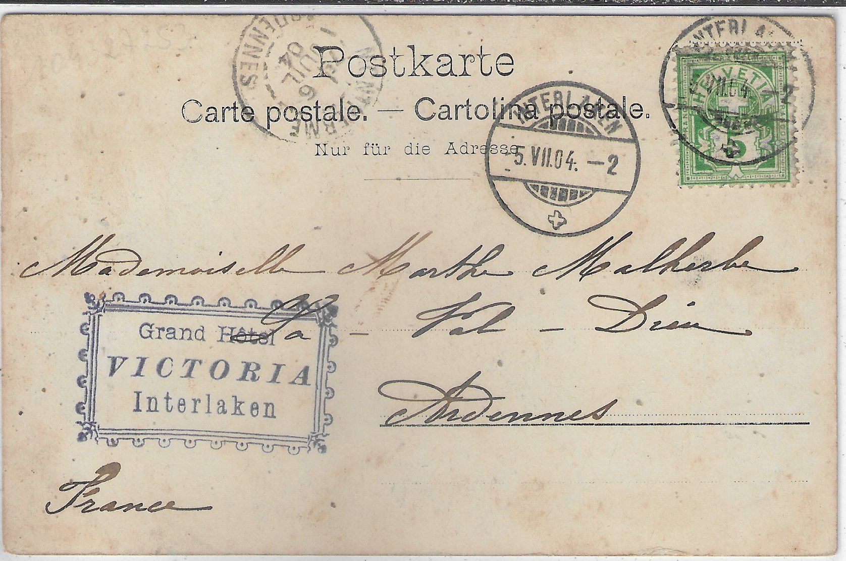 Ansichtskarten: Lauterbrunnen und Staubbach 1904 – Gebraucht aus Ettingen von Kartenplanet 1