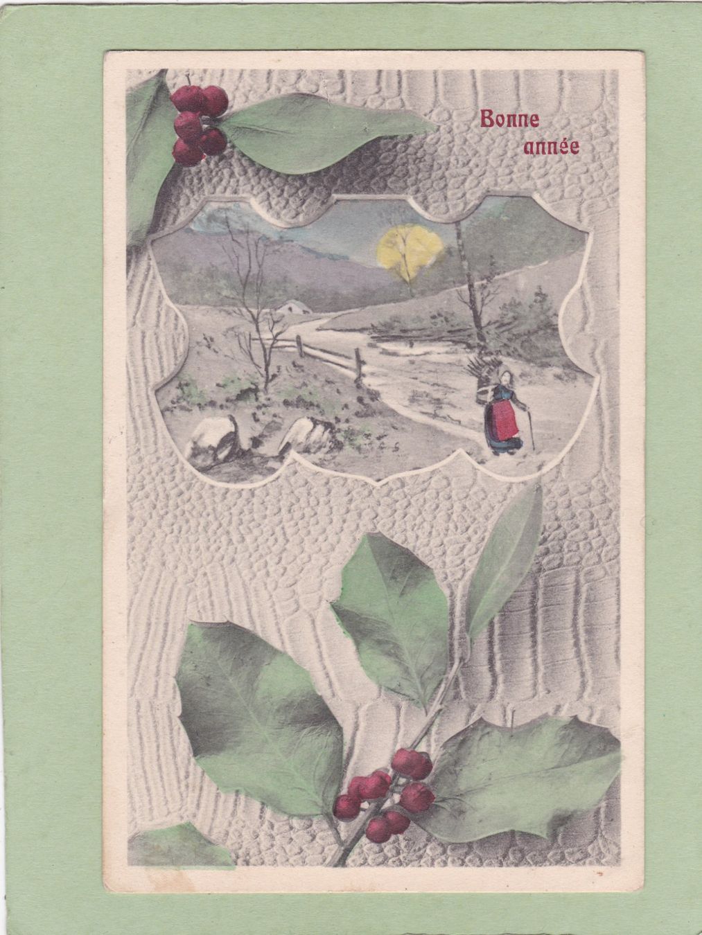 Cartoline postali: Kitsch Landschaft Stechlaub Bonne Année 1908 – Usato da Herisau venduto da Lisegrat2008